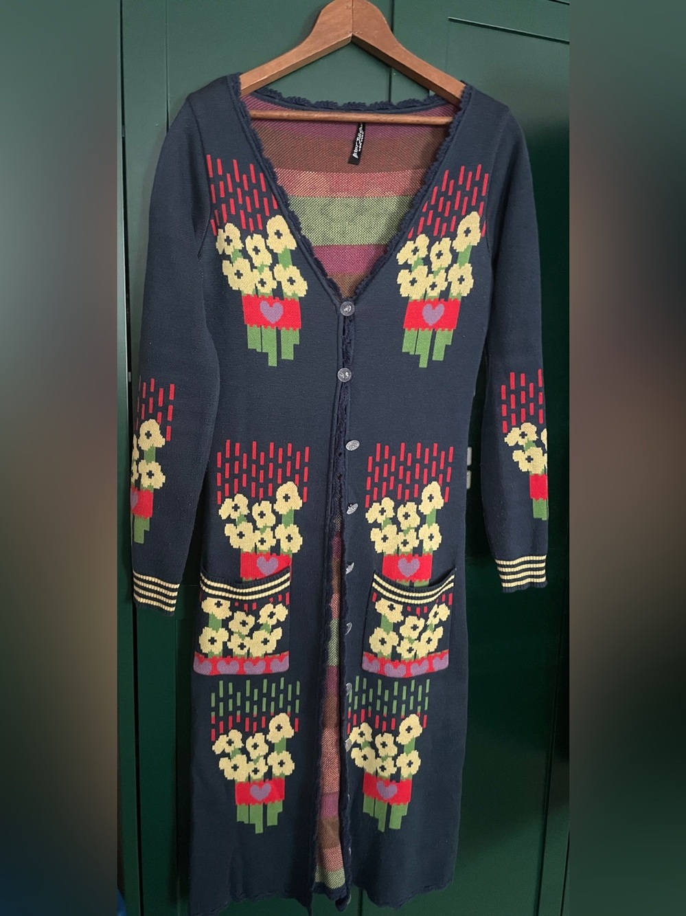 Betsey Johnson Vintage Women's Navy Floral Long Cardigan Sweater